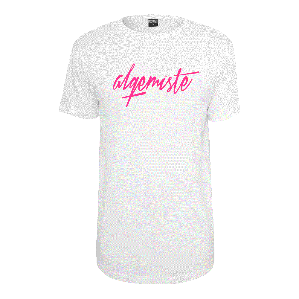 CULT APPAREL Selfprinted Shaped Long T // Neonpink "Glow under UV Light" Print // White